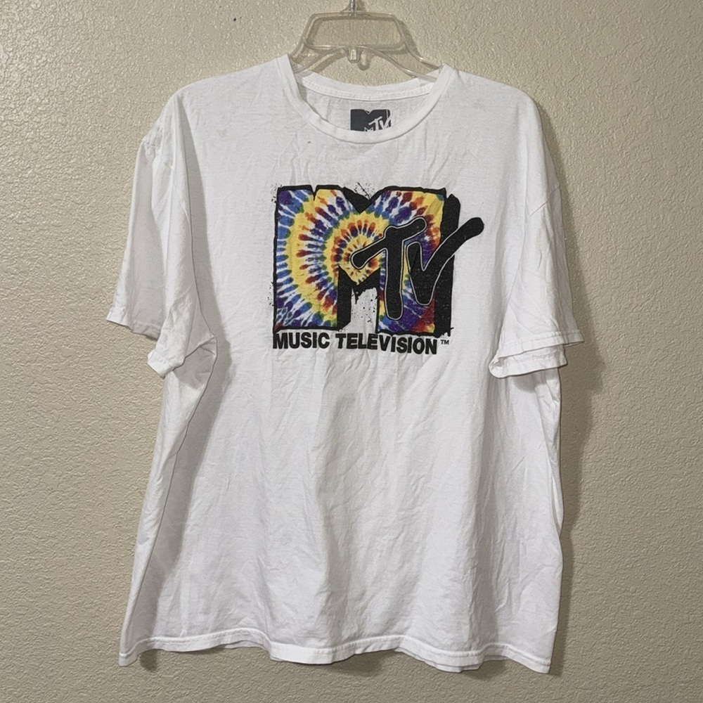MTV Logo Tie Dye T Shirt Men’s 2XL White Graphic Tee Retro Streetwear